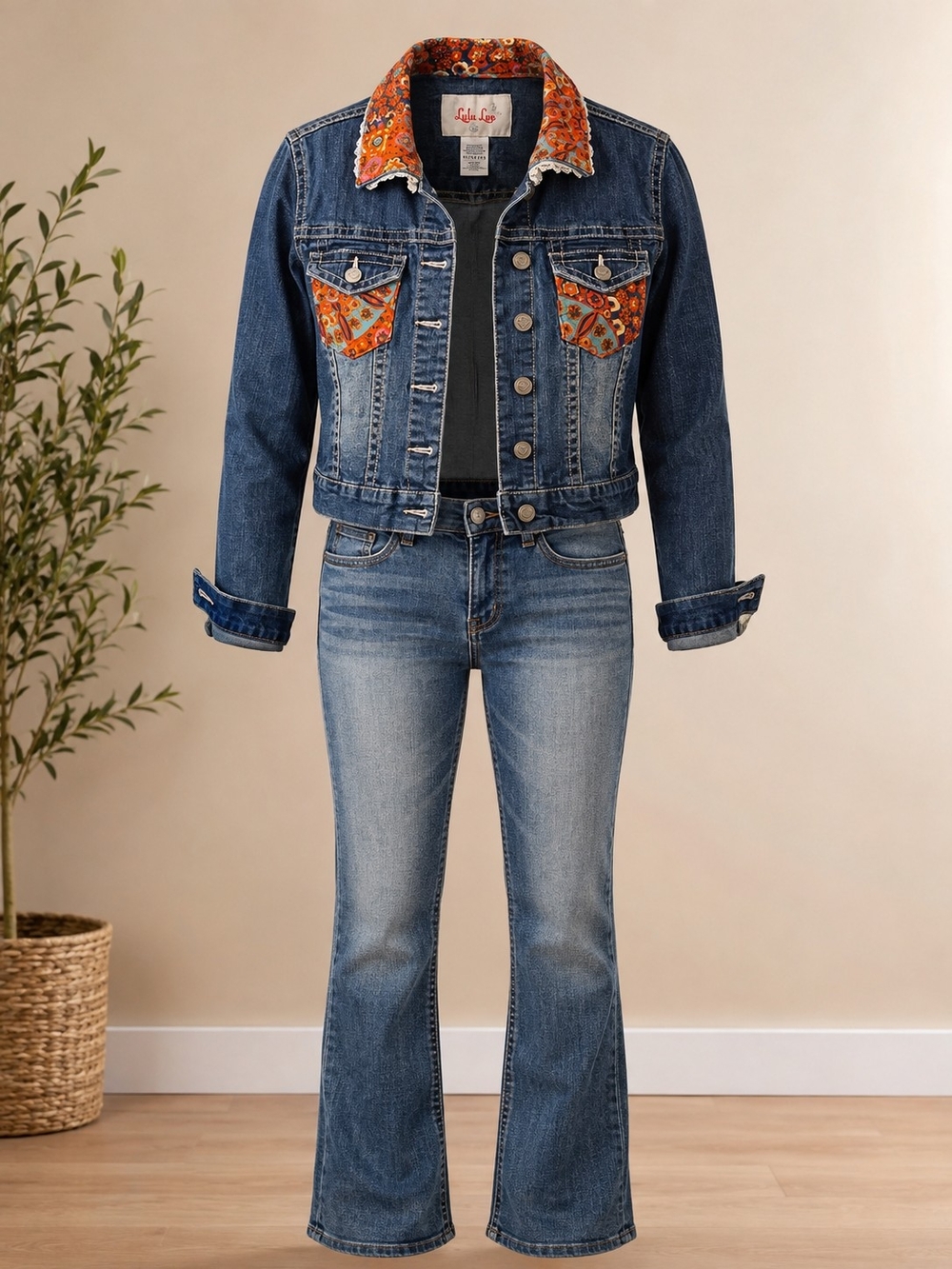 Dark Blue Denim Jean Jacket with Orange Floral Trim - Girls